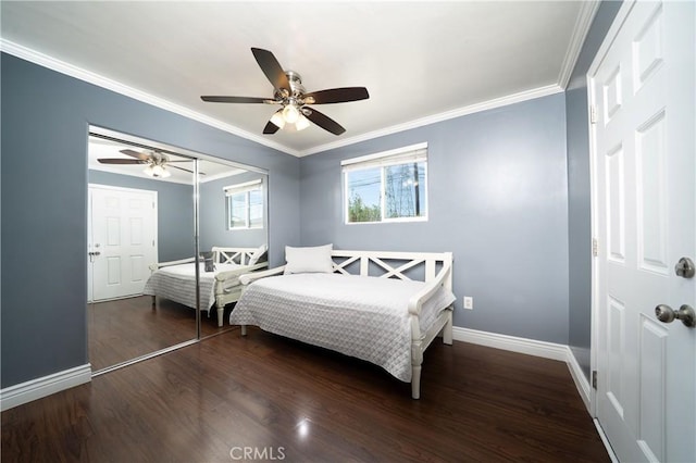 4425 Ashworth St, Lakewood, CA 90712 - bedroom with a closet, wood finished floors, crown molding, and ceiling fan