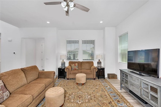 253 Peters Ln S, Madera, CA 93636 - living room featuring a ceiling fan, light wood-style floors, and recessed lighting