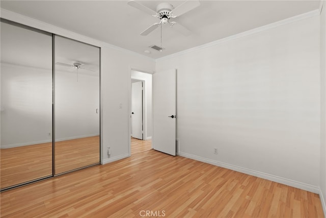 11142 Bertha Pl, Cerritos, CA 90703 - unfurnished bedroom with light wood finished floors, a closet, ornamental molding, and ceiling fan