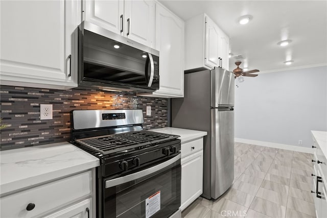 11142 Bertha Pl, Cerritos, CA 90703 - kitchen featuring appliances with stainless steel finishes, white cabinets, ceiling fan, backsplash, and light stone countertops