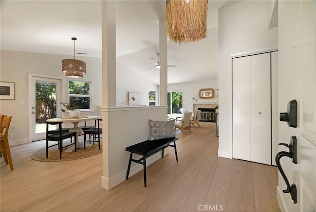 812 Collindale Ct, Chico, CA 95926 - foyer entrance with light wood-type flooring, a glass covered fireplace, and lofted ceiling