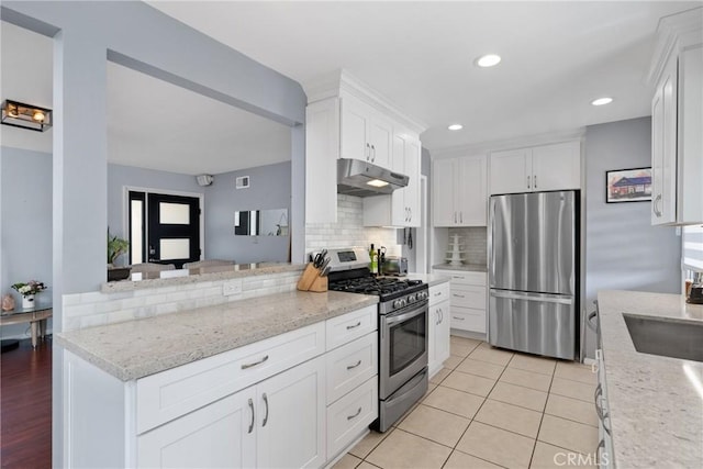 660 N Highland St, Orange, CA 92867 - kitchen featuring appliances with stainless steel finishes, under cabinet range hood, backsplash, white cabinetry, and recessed lighting