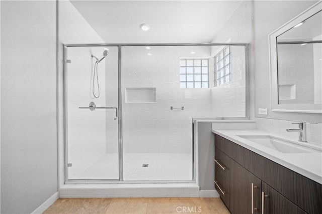 814 Beacon, Irvine, CA 92618 - bathroom featuring a shower stall, vanity, and tile patterned floors