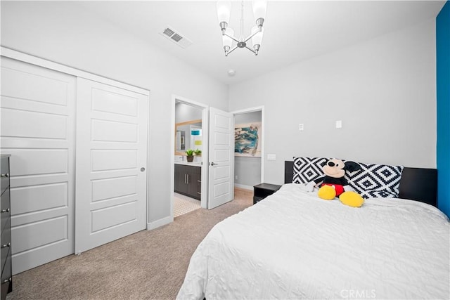 814 Beacon, Irvine, CA 92618 - bedroom featuring light carpet, a chandelier, a closet, and connected bathroom