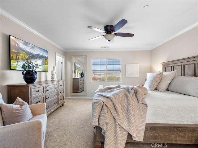 18387 Evening Primrose Ln, San Bernardino, CA 92407 - bedroom with light carpet, crown molding, and ceiling fan