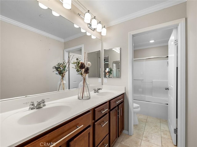 18387 Evening Primrose Ln, San Bernardino, CA 92407 - full bathroom with double vanity, ornamental molding, and enclosed tub / shower combo