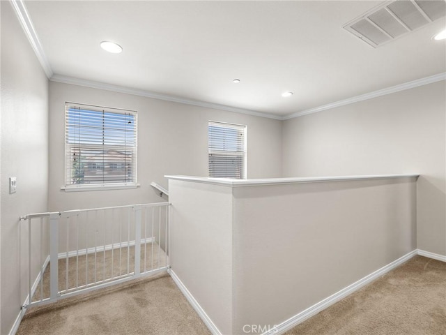 18387 Evening Primrose Ln, San Bernardino, CA 92407 - hallway featuring carpet floors, healthy amount of natural light, ornamental molding, recessed lighting, and an upstairs landing