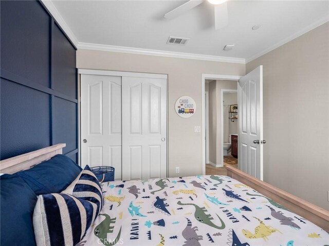 18387 Evening Primrose Ln, San Bernardino, CA 92407 - bedroom featuring a closet, ornamental molding, and ceiling fan