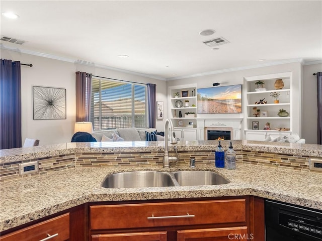 18387 Evening Primrose Ln, San Bernardino, CA 92407 - kitchen with dishwasher, open floor plan, light stone countertops, and ornamental molding