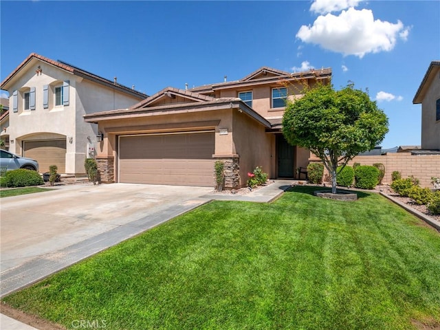 18387 Evening Primrose Ln, San Bernardino, CA 92407 - view of front of house featuring stucco siding, driveway, a front yard, and stone siding