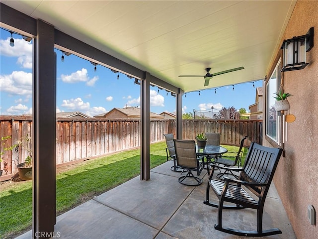 18387 Evening Primrose Ln, San Bernardino, CA 92407 - fenced backyard featuring outdoor dining space, a ceiling fan, a patio area, and a water view