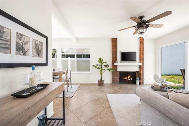 22811 Fortuna Ln, Mission Viejo, CA 92691 - tiled living room with a brick fireplace and a ceiling fan