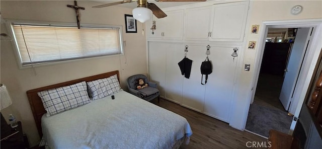 6718 Del Rosa Dr, San Bernardino, CA 92404 - bedroom with dark wood finished floors, a closet, and a ceiling fan