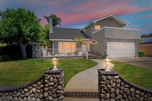1110 Norcrest St, Corona, CA 92878 - view of front of house with a lawn, concrete driveway, covered porch, a chimney, and an attached garage