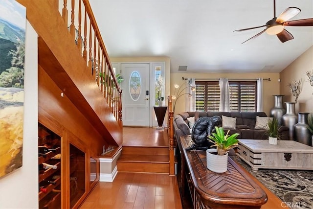 1110 Norcrest St, Corona, CA 92878 - foyer with hardwood / wood-style floors, stairs, and a ceiling fan