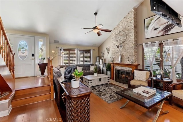 1110 Norcrest St, Corona, CA 92878 - living room with a ceiling fan, wood-type flooring, plenty of natural light, and high vaulted ceiling