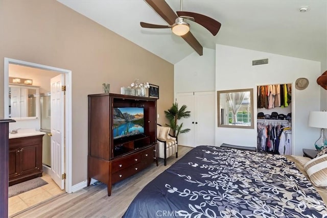 1110 Norcrest St, Corona, CA 92878 - bedroom with ensuite bathroom, light wood-style floors, and ceiling fan
