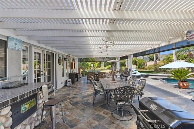 1110 Norcrest St, Corona, CA 92878 - view of patio / terrace featuring a pergola, outdoor dining space, grilling area, and french doors