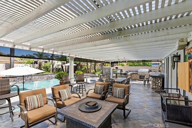 1110 Norcrest St, Corona, CA 92878 - fenced backyard featuring an outdoor living space with a fire pit, an outdoor kitchen, an outdoor pool, and a patio area