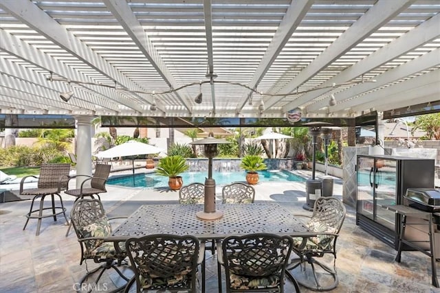 1110 Norcrest St, Corona, CA 92878 - view of patio / terrace with outdoor dining area, a pergola, and an outdoor pool