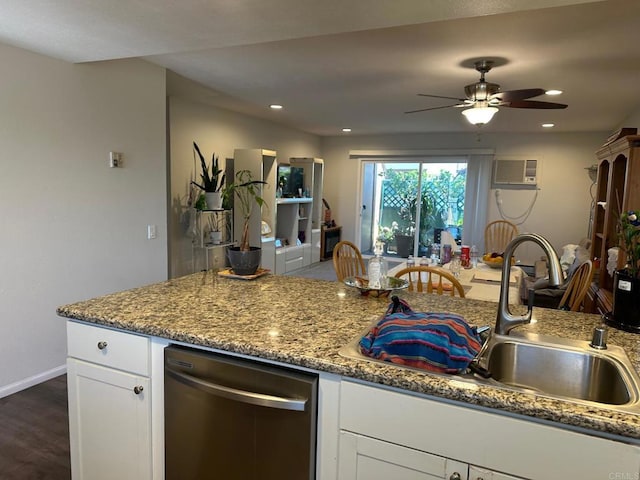 8733 Lake Murray Blvd Unit 6, San Diego, CA 92119 - kitchen with dishwasher, white cabinets, a wall mounted AC, a ceiling fan, and dark wood-style floors