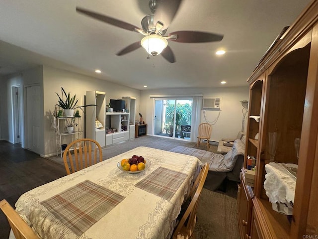 8733 Lake Murray Blvd Unit 6, San Diego, CA 92119 - dining room with an AC wall unit, a ceiling fan, recessed lighting, and dark wood-style flooring
