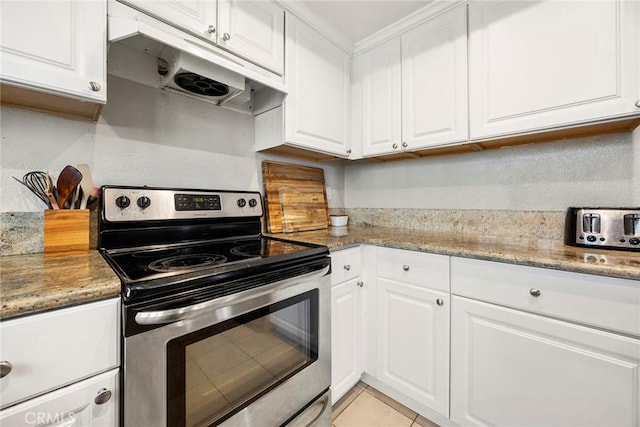 26925 Jasper Unit 210, Mission Viejo, CA 92691 - kitchen featuring stainless steel electric stove, under cabinet range hood, white cabinetry, and light stone counters
