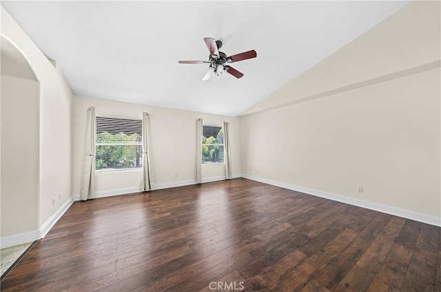 39647 Dartanian Pl, Murrieta, CA 92562 - spare room with hardwood / wood-style flooring, ceiling fan, lofted ceiling, and arched walkways