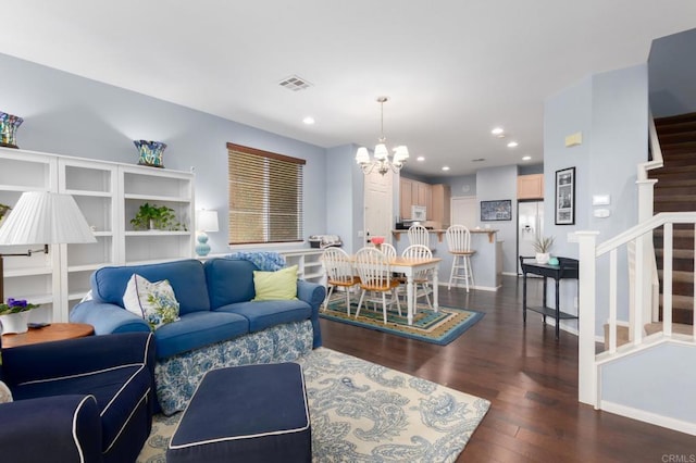 2078 Aviata Rd Unit 70, Chula Vista, CA 91914 - living area featuring stairs, a chandelier, dark wood-type flooring, and recessed lighting