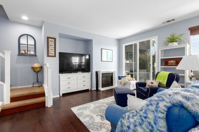 2078 Aviata Rd Unit 70, Chula Vista, CA 91914 - living area featuring stairs, wood finished floors, a glass covered fireplace, and recessed lighting