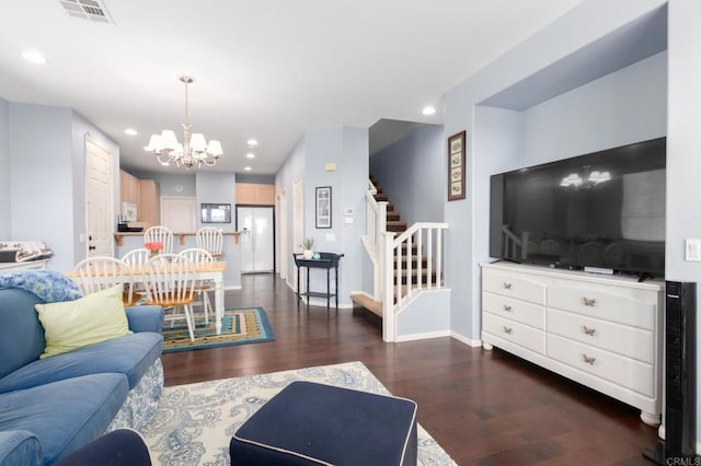 2078 Aviata Rd Unit 70, Chula Vista, CA 91914 - living room with a chandelier, dark wood finished floors, stairs, and recessed lighting