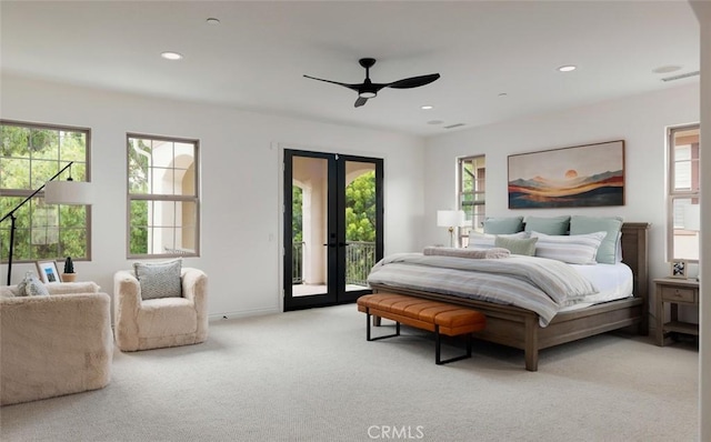 21 Via Nerisa, San Clemente, CA 92673 - bedroom with access to exterior, french doors, light carpet, recessed lighting, and ceiling fan