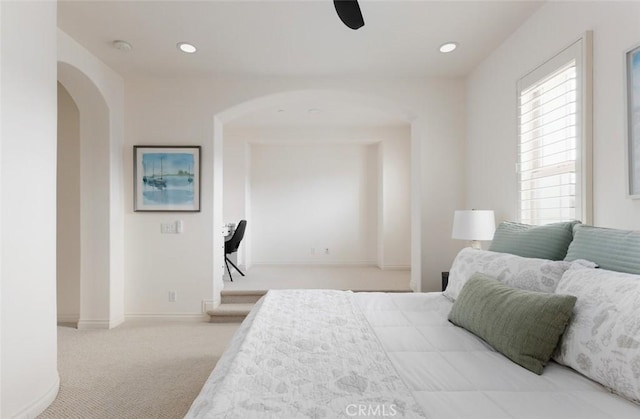 21 Via Nerisa, San Clemente, CA 92673 - carpeted bedroom featuring arched walkways, a ceiling fan, and recessed lighting