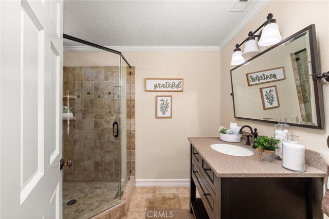 1128 Aldersgate Dr, La Verne, CA 91750 - full bath featuring vanity, ornamental molding, a shower stall, and a textured ceiling