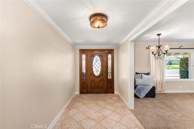 1128 Aldersgate Dr, La Verne, CA 91750 - entryway with healthy amount of natural light, a chandelier, ornamental molding, and light colored carpet