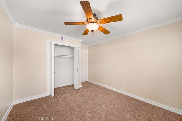 1128 Aldersgate Dr, La Verne, CA 91750 - unfurnished bedroom featuring ornamental molding, carpet flooring, a closet, and a ceiling fan