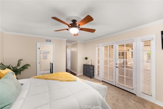 1128 Aldersgate Dr, La Verne, CA 91750 - bedroom featuring access to outside, ornamental molding, light carpet, and a ceiling fan