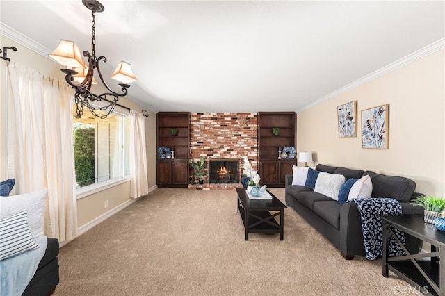 1128 Aldersgate Dr, La Verne, CA 91750 - living area with a chandelier, ornamental molding, carpet flooring, a brick fireplace, and built in shelves