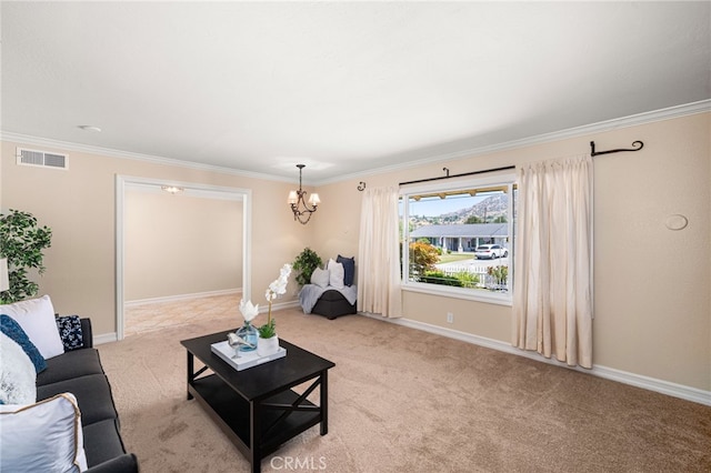 1128 Aldersgate Dr, La Verne, CA 91750 - living room with a chandelier, light carpet, and crown molding