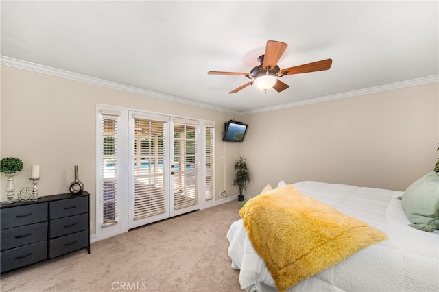 1128 Aldersgate Dr, La Verne, CA 91750 - bedroom featuring ornamental molding, access to exterior, carpet floors, and a ceiling fan