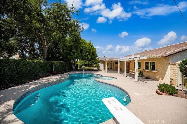1128 Aldersgate Dr, La Verne, CA 91750 - view of pool with a diving board, a pergola, a patio, and a pool with connected hot tub