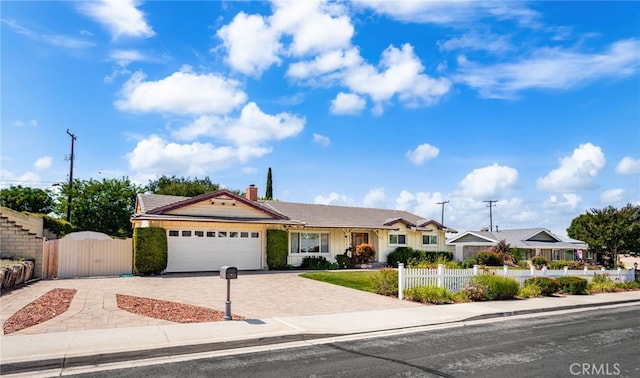 1128 Aldersgate Dr, La Verne, CA 91750 - ranch-style house with decorative driveway, a garage, a tile roof, board and batten siding, and a chimney