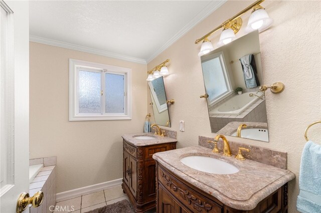 1128 Aldersgate Dr, La Verne, CA 91750 - bathroom featuring two vanities, a bath, tile patterned flooring, and crown molding