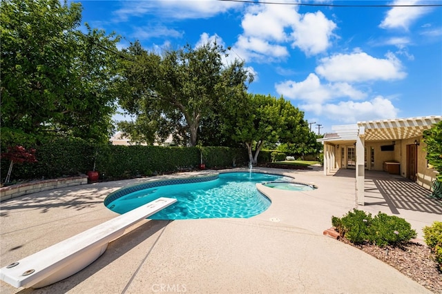 1128 Aldersgate Dr, La Verne, CA 91750 - view of swimming pool featuring a patio, a diving board, and a pool with connected hot tub
