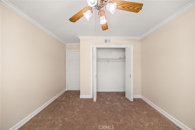 1128 Aldersgate Dr, La Verne, CA 91750 - unfurnished bedroom featuring carpet flooring, ornamental molding, a closet, and ceiling fan