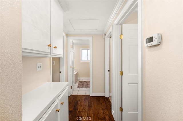 1128 Aldersgate Dr, La Verne, CA 91750 - corridor with dark wood finished floors and attic access