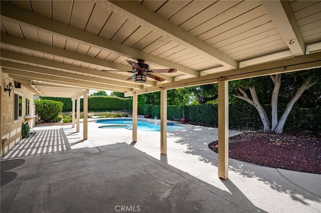 1128 Aldersgate Dr, La Verne, CA 91750 - view of swimming pool featuring ceiling fan, a patio, a fenced backyard, and a pool with connected hot tub