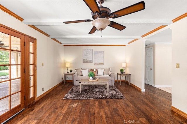 1128 Aldersgate Dr, La Verne, CA 91750 - living area featuring wood finished floors, ceiling fan, beam ceiling, and ornamental molding