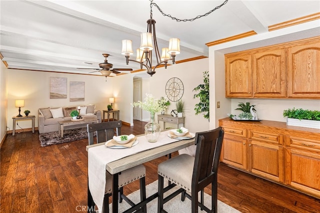 1128 Aldersgate Dr, La Verne, CA 91750 - dining space with ceiling fan, a chandelier, dark wood finished floors, crown molding, and beamed ceiling
