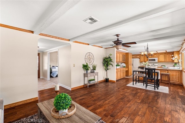 1128 Aldersgate Dr, La Verne, CA 91750 - living room featuring a ceiling fan, dark wood finished floors, beam ceiling, and a chandelier